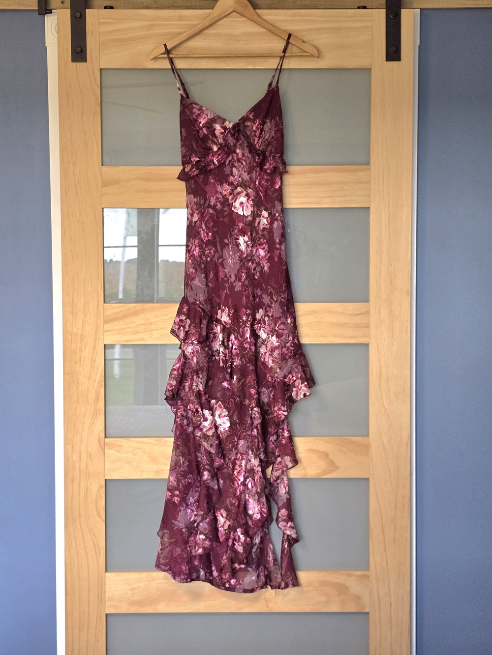 Women’s Floral & Feminine Ruffle Slip Dress in Deep Wine & Plum
